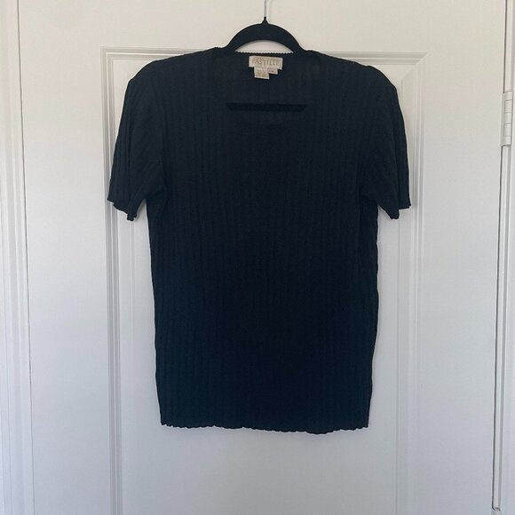 Vintage Pastille Black Silk Blend Ribbed Knit Top – Round Neck, Women’s Size M - Picture 1 of 6